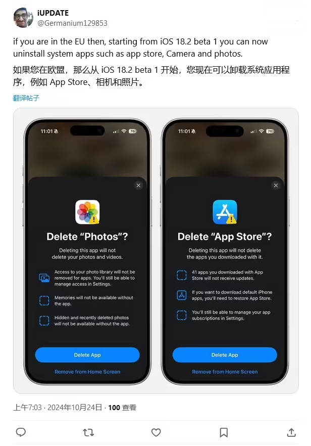 桓仁苹果手机维修分享iOS 18.2 支持删除 App Store 应用商店 